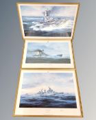 Three Robert Taylor prints, HMS Belfast, signed by Admiral Sir Frederick Parham,