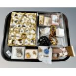 A tray of mixed costume jewellery including earrings, cuff links, Italian micro mosaic brooch,