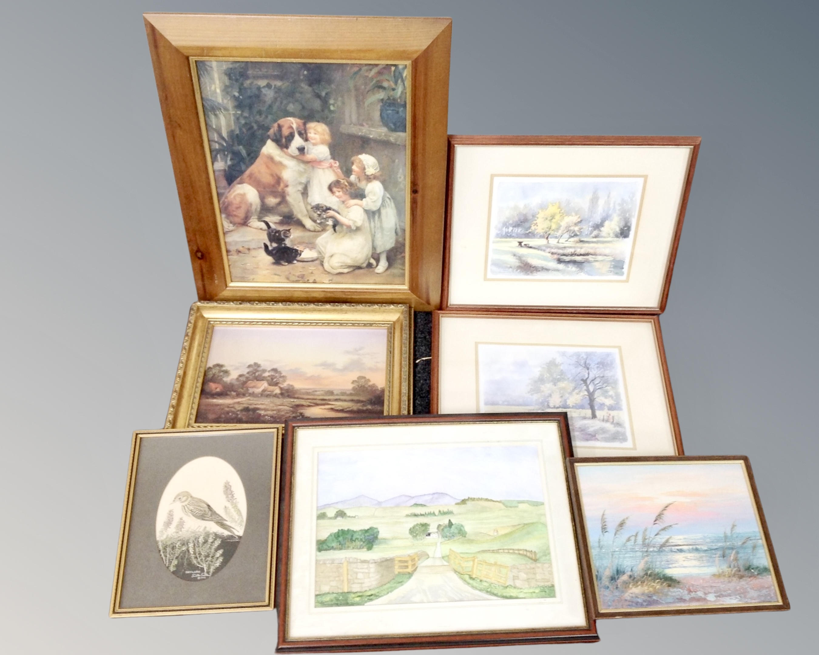 A box containing assorted pictures and prints including oil on canvas sea viewed from sand dunes,
