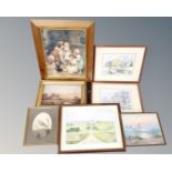 A box containing assorted pictures and prints including oil on canvas sea viewed from sand dunes,