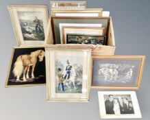 A box containing assorted pictures including continental hand coloured engravings,