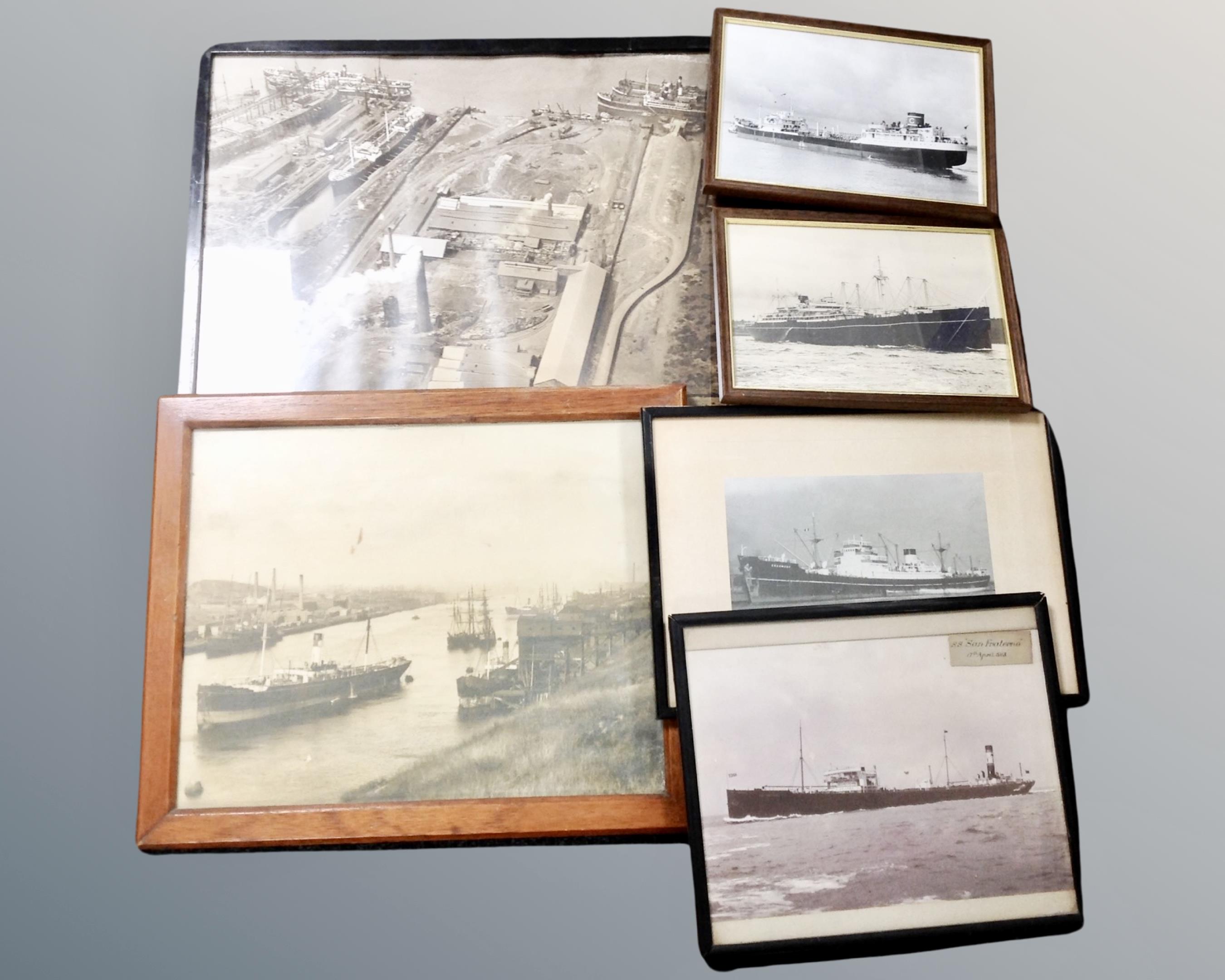 A box containing six vintage monochrome photographs depicting ships.