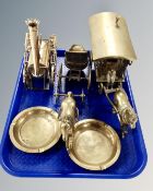 A tray containing assorted brass wares including Romani caravan with horse, horse and trap,