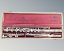 A Selmer Gold Seal three piece chrome plated flute in case.