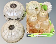 A box containing vintage light shades including Christopher Wray mother of pearl effect examples,