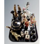 A tray containing assorted ceramics, Oriental figurines, brass moneybox of a bear.