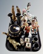 A tray containing assorted ceramics, Oriental figurines, brass moneybox of a bear.