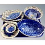 A tray containing seven pieces of Maling blue lustre ceramics including blue springtime bowl and