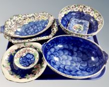 A tray containing seven pieces of Maling blue lustre ceramics including blue springtime bowl and