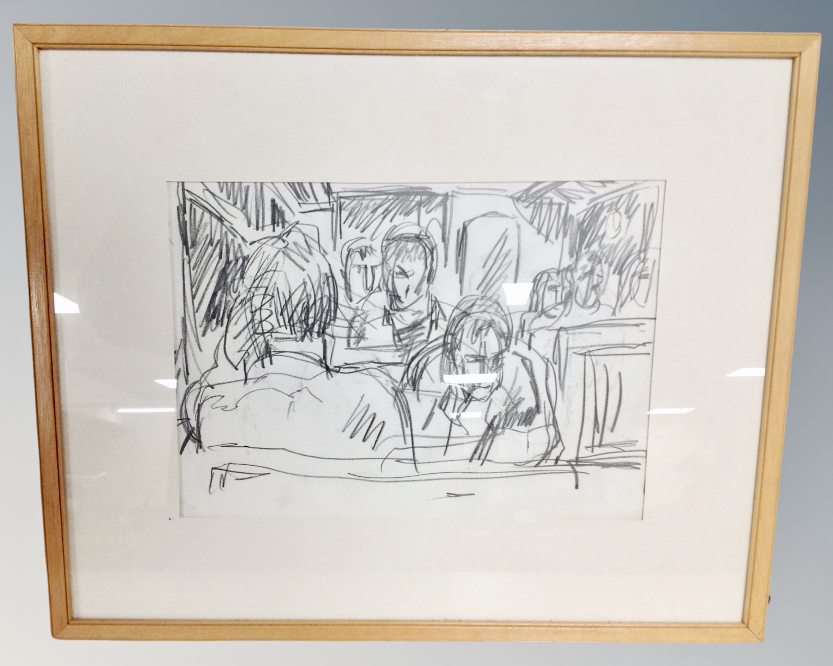 A 20th century pencil sketch depicting figures on a bus together with a monochrome print and a - Image 2 of 3