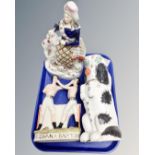 A tray containing a Staffordshire figure of a lady in highland dress together with a further