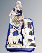 A tray containing a Staffordshire figure of a lady in highland dress together with a further