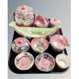 A tray containing 10 pieces of Maling pink lustre ceramics including Rosalind finger bowl,