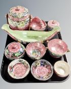 A tray containing 10 pieces of Maling pink lustre ceramics including Rosalind finger bowl,