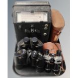 A Marconi moisture meter together with three pairs of field glasses including Tohyoh MG star and