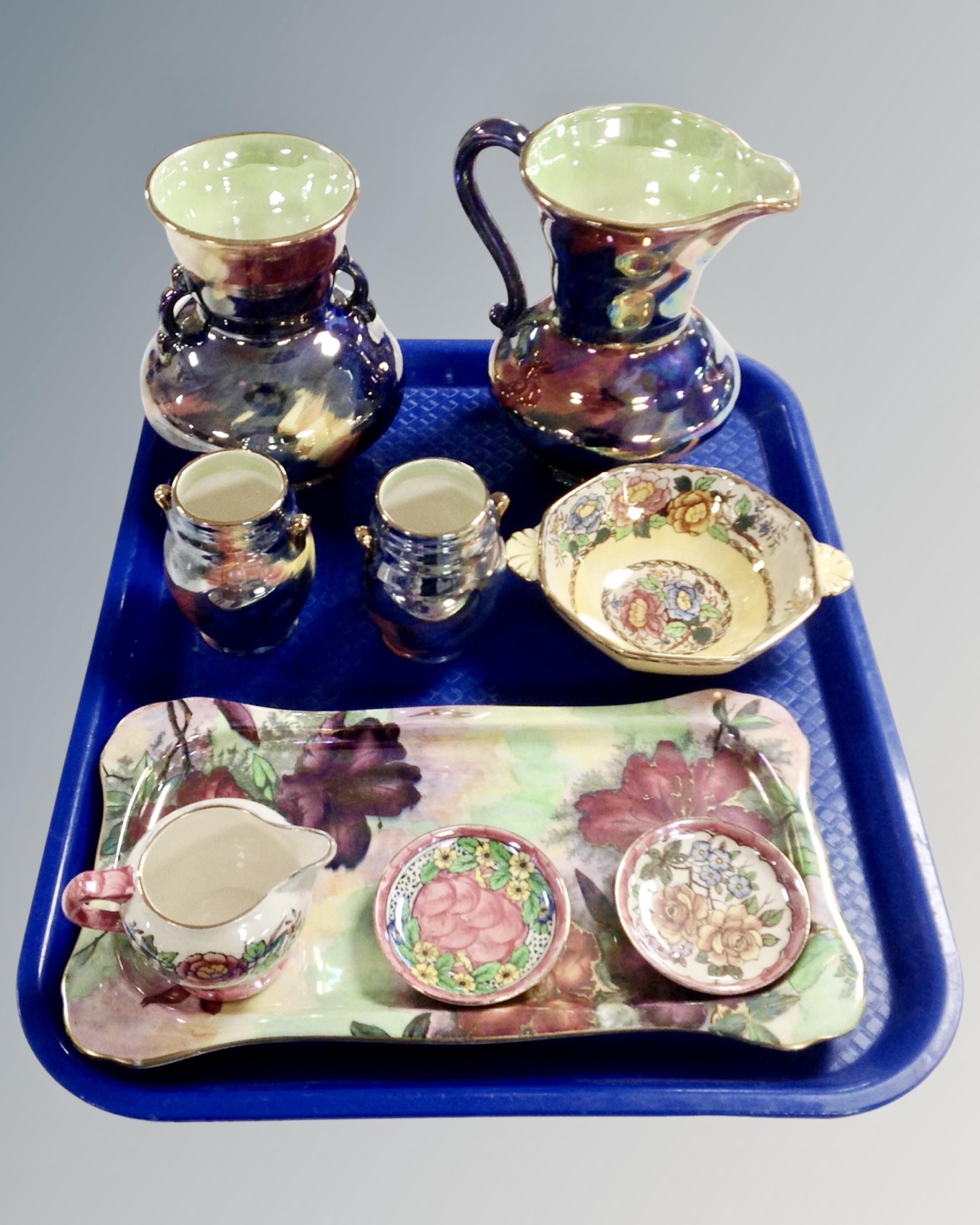 A tray containing nine pieces of Maling lustre ceramics including Peony Rose jug,