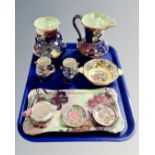 A tray containing nine pieces of Maling lustre ceramics including Peony Rose jug,