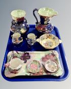 A tray containing nine pieces of Maling lustre ceramics including Peony Rose jug,