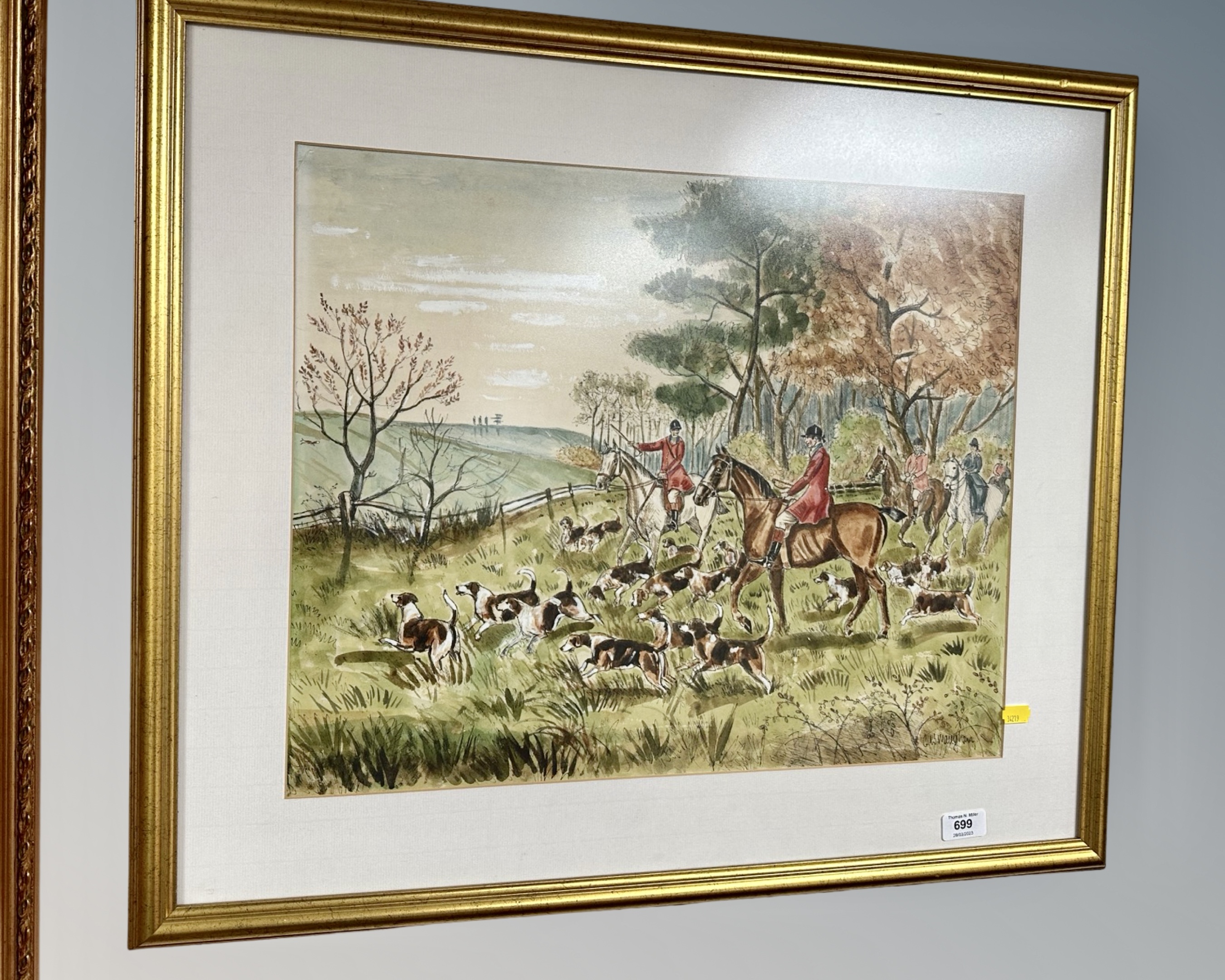 G. W. Maughan : The Hunt, pen and ink with watercolour, 55cm by 45cm.