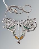 An Art Nouveau white metal plique-à-jour inset dragonfly pendant on unmarked round box chain.