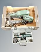 A box of power tools including Bosch sander and jig saw, Bosch electric screwdriver in case,
