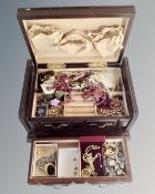A jewellery box and contents including gilt costume jewellery, bead necklaces, wristwatches,