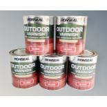 Five tins Ronseal outdoor varnish gloss, 750ml.