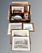 A box containing assorted pictures and prints, framed photographs, Art Deco barometer,
