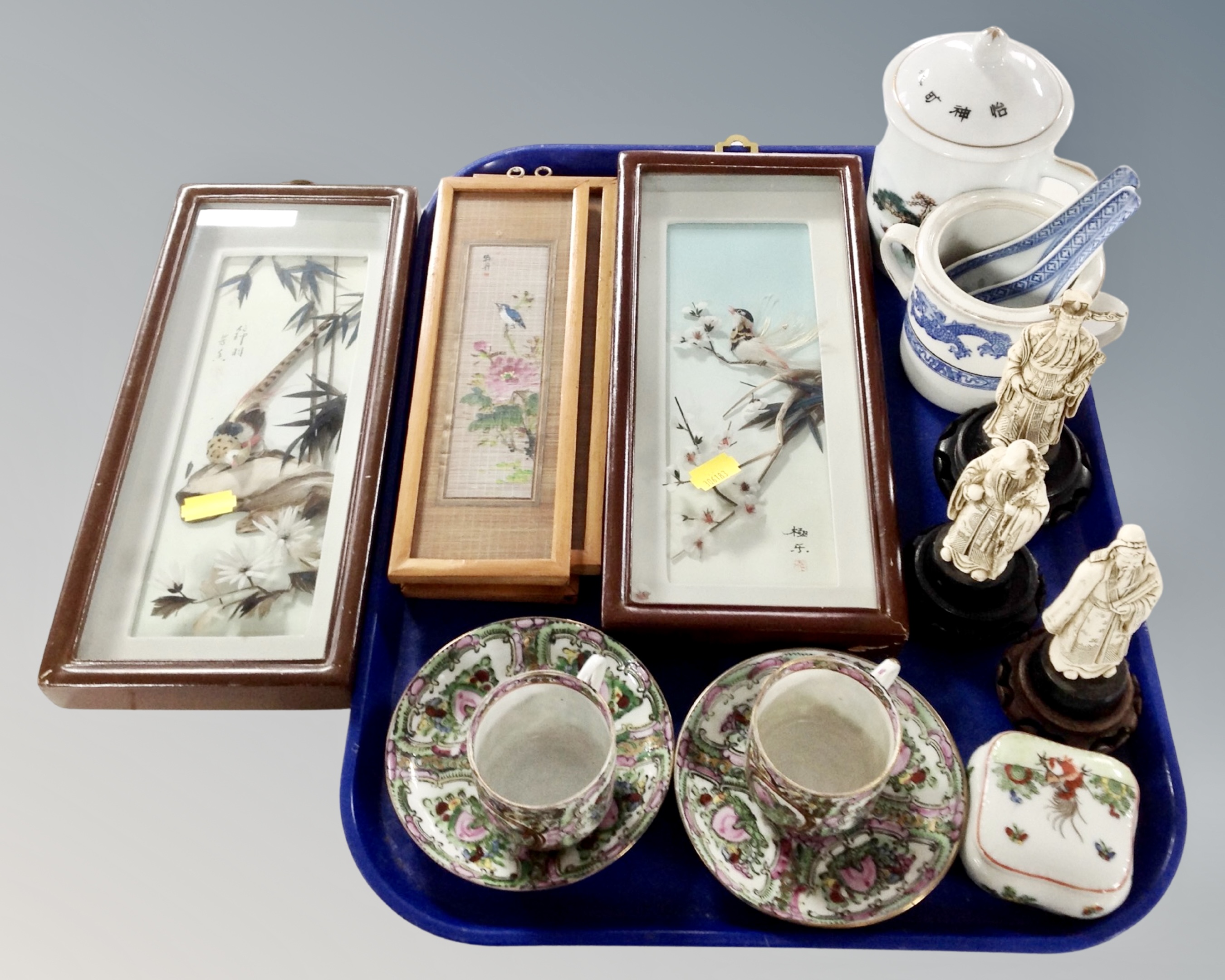 A tray containing Oriental wares including a pair of Cantonese eggshell teacups with saucers,
