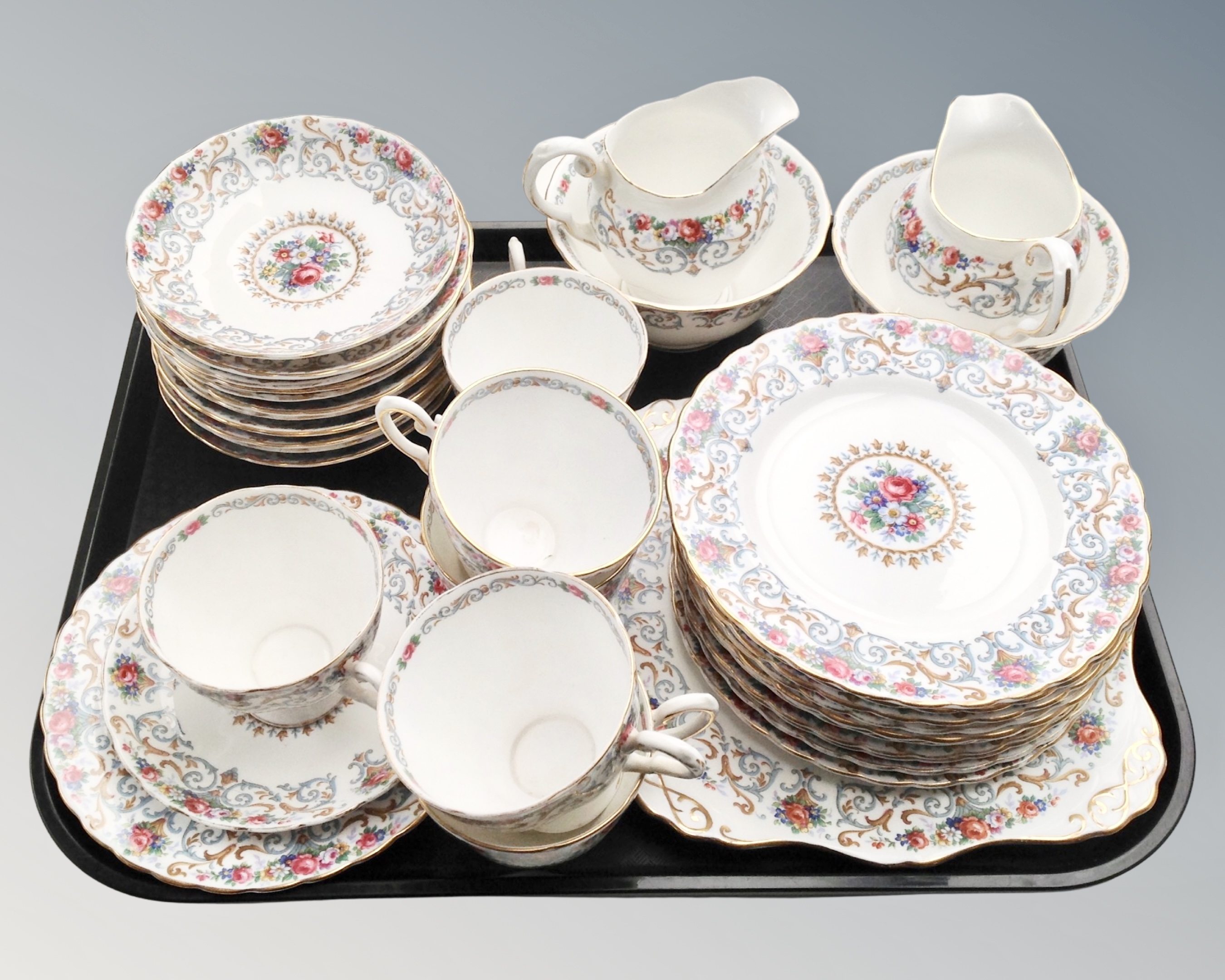 A tray containing Tuscan Orleans bone china tea service.