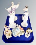 A tray containing assorted figurines including Edward and Elizabeth by Spode, continental figurines,