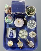 A tray containing decorative glass perfume bottles together with Teign valley glass paperweights