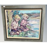 Bendt Lauridsen : Two Children Fishing, oil on canvas, signed, 59cm by 70cm, framed.