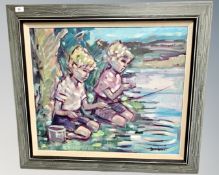 Bendt Lauridsen : Two Children Fishing, oil on canvas, signed, 59cm by 70cm, framed.