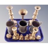 A tray containing antique metal wares including candlesticks, a pair of owl ornaments, fluted vase,