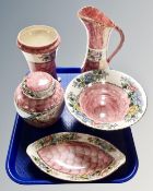 A tray containing five pieces of Maling Peony Rose pattern ceramics.