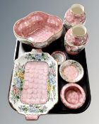 A tray containing seven pieces of Maling Peony Rose pattern ceramics.