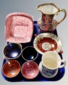 A tray containing eight pieces of Maling ceramics including Poor Richard Way To Wealth jug,