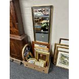 A box containing assorted pictures and prints, gilt framed panels, hall mirror etc.