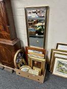 A box containing assorted pictures and prints, gilt framed panels, hall mirror etc.
