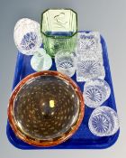 A tray containing assorted glassware including Whitefriars art glass dish,