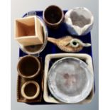 A tray containing 10 pieces of 20th century studio pottery including S. Hollingworth.