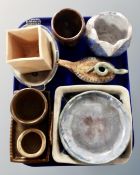 A tray containing 10 pieces of 20th century studio pottery including S. Hollingworth.