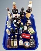 A tray containing alcohol miniatures including whiskey, gin, Bacardi, rum etc.