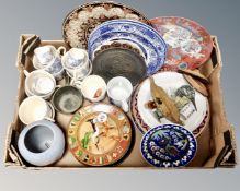A box containing assorted ceramics Wade whimsies, Venetian glass animal figures, wall plates etc.