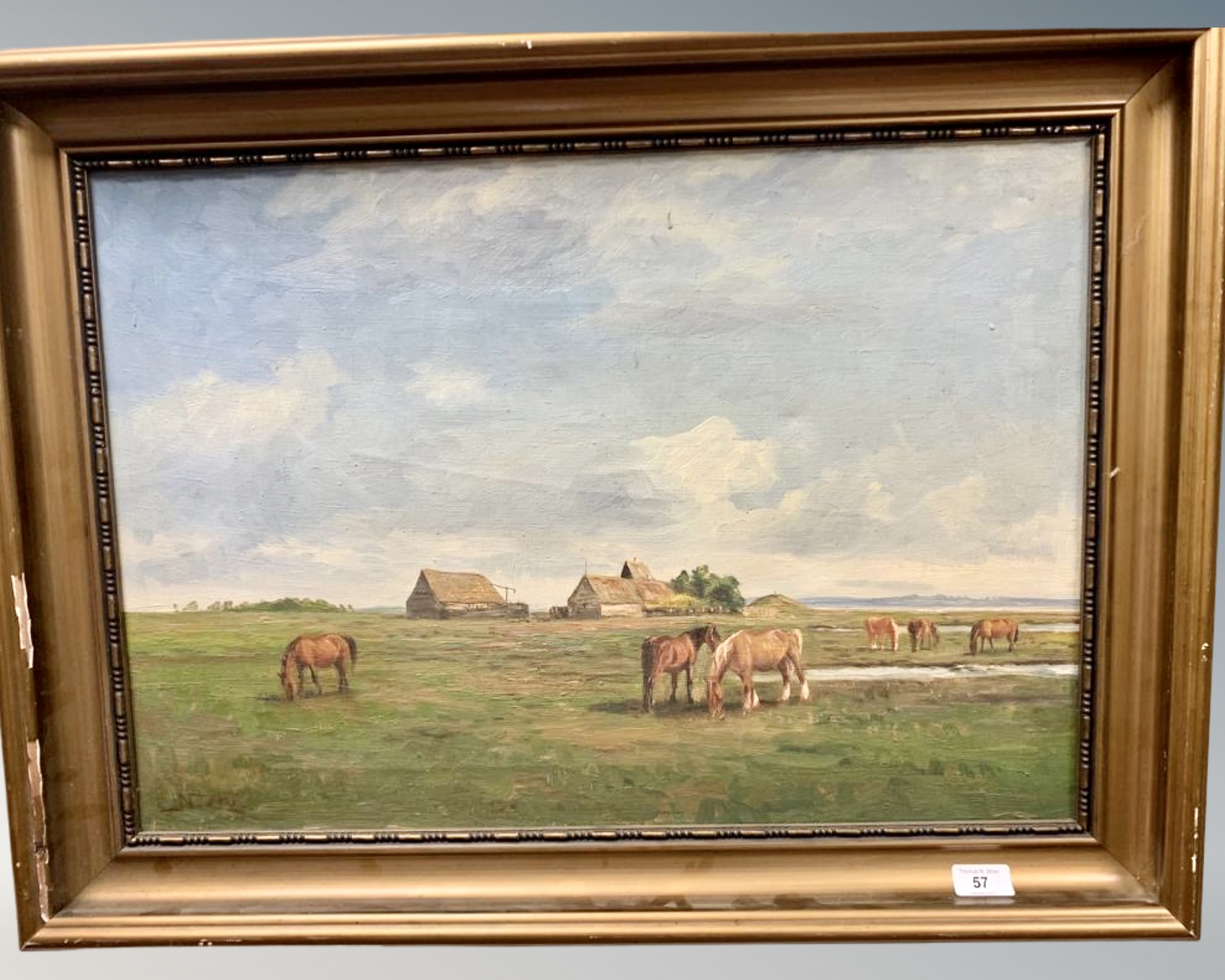 20th Century Danish School : Six Horses Grazing in an Open pasture, oil on canvas,