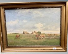 20th Century Danish School : Six Horses Grazing in an Open pasture, oil on canvas,