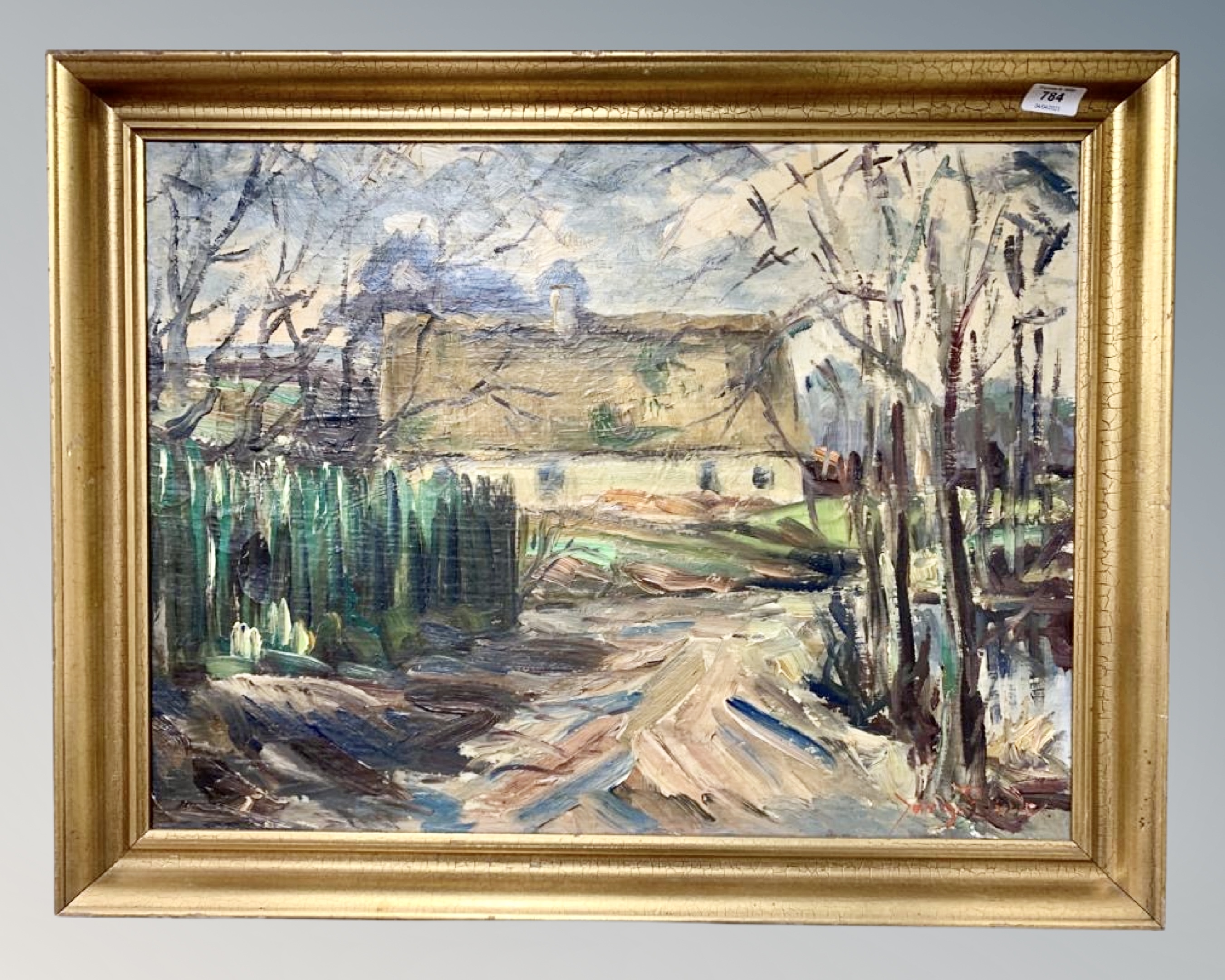20th Century Danish School : Thatched Dwelling in Woodland, oil on canvas, indistinctly signed,