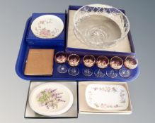 A tray containing boxed Royal Doulton and Aynsley dishes, a Watersmeet Studios floral plaque,