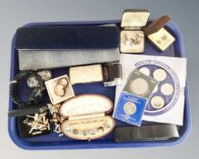 A tray containing boxed costume pearls, cameo brooches, a set of dress studs, cufflinks,